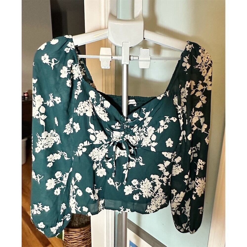 Abercrombie & Fitch Blouse Womens Size S Green Floral Sweetheart Tie - Picture 5 of 8